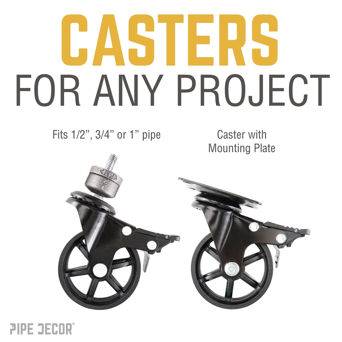 Swivel Caster Wheels for 1” Pipe with Locking Mechanism (4-Pack)