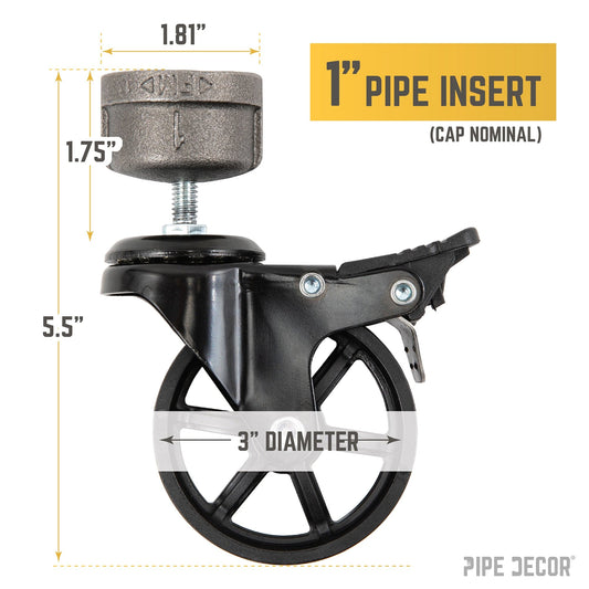 Swivel Caster Wheels for 1” Pipe with Locking Mechanism (4-Pack)