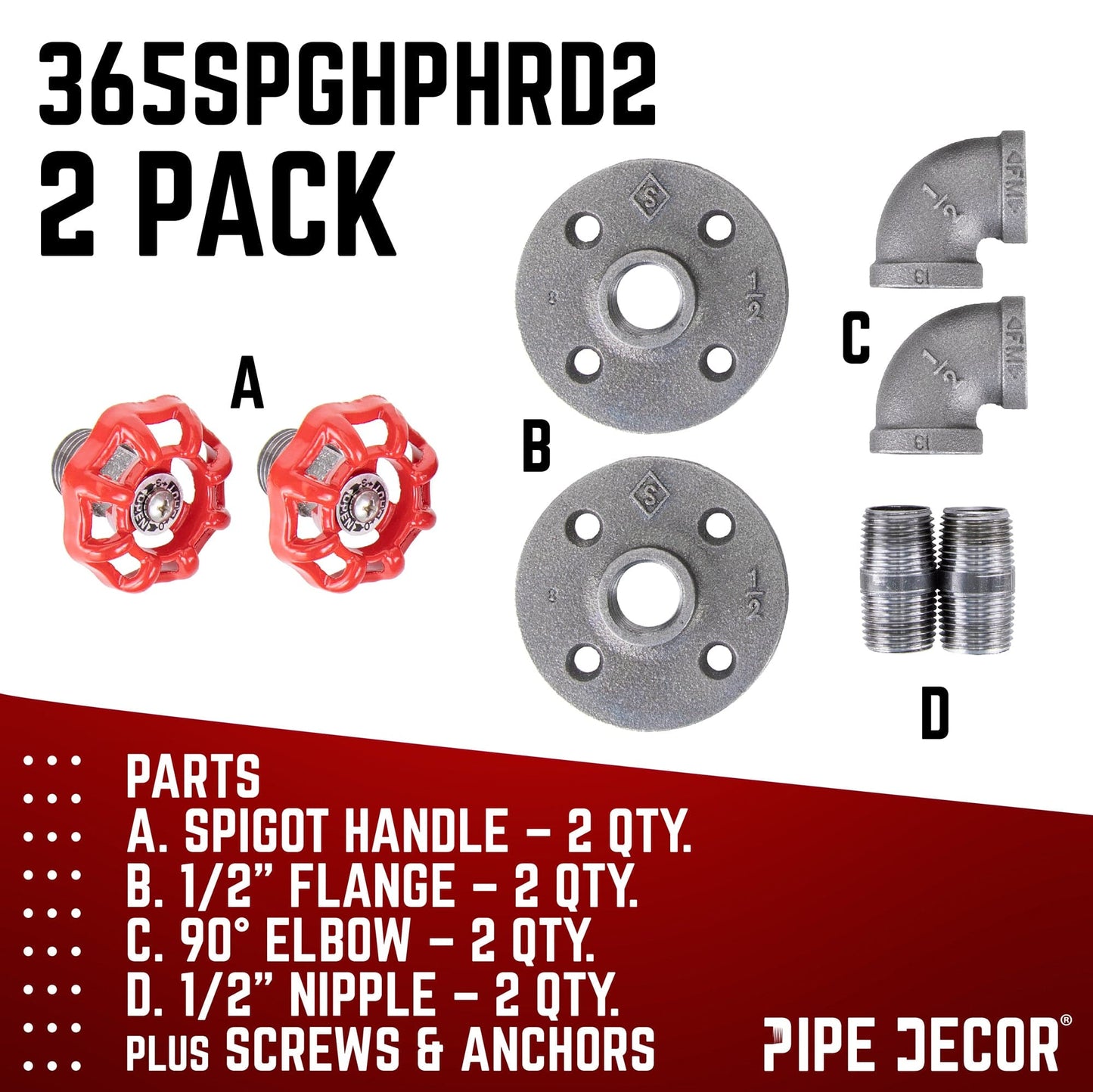 Red Industrial Curved Spigot Wall Hook with Flange (2-Pack)