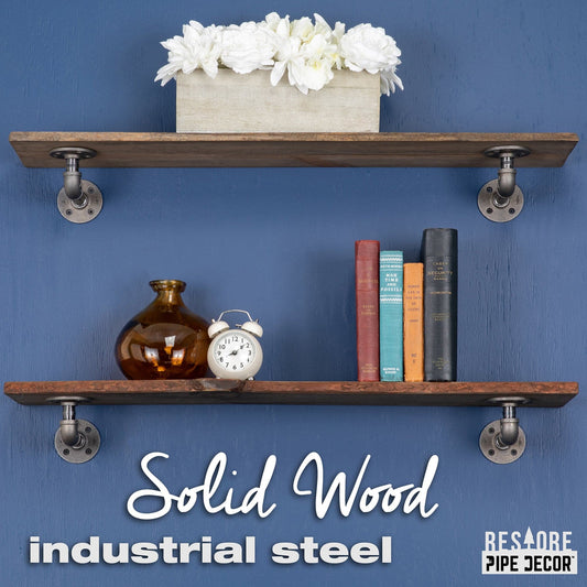 36” Boulder Black Live Edge Wood Shelf with L-Shaped Pipe Brackets (2-Pack)