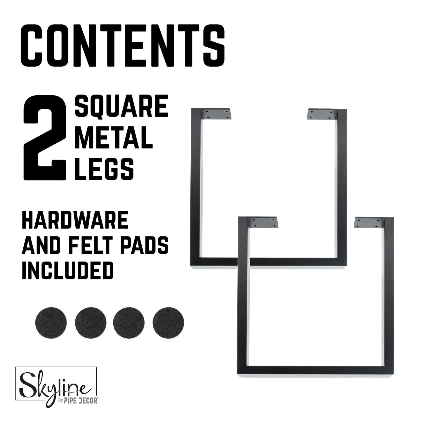 28 in. Skyline Matte Black Square Metal Landscape Dining or Desk Table Legs - 2 Pack