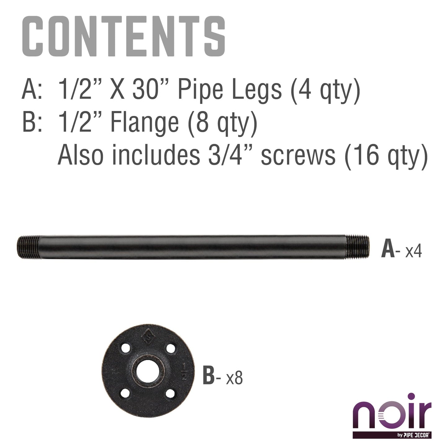 1 in. x 30 in. Noir Black Round Flange Pipe Table Legs - 4 Pack