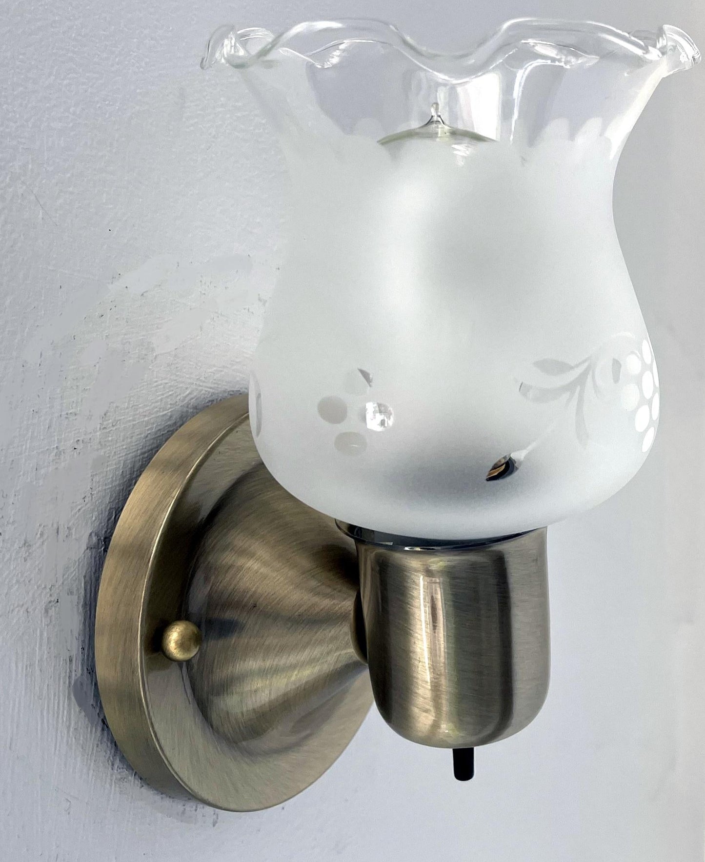 Etched Antique 1960's Glass Wall Sconce Light Fixture with On/Off Switch Antique Brass