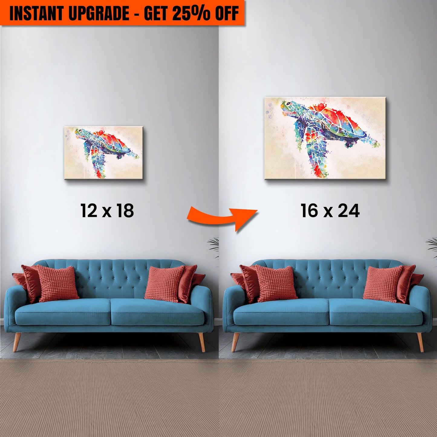 Upgrade Your 12x18 Inches 'Coral Reef Sea Turtle Watercolor' Canvas to 16x24 Inches