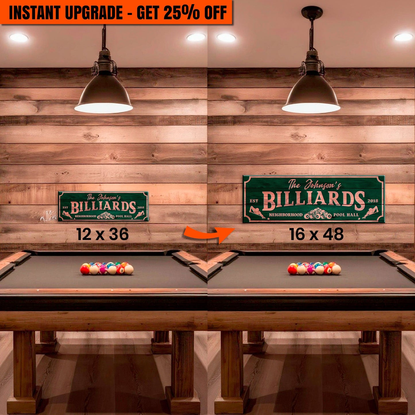 Upgrade Your 12x36 Inches 'Neighborhood Pool Hall Billiards Sign' Canvas To 16x48 Inches