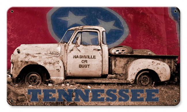 NASHVILLE OR BUST TRUCK WITH FLAG, Licensed Products/Angela Faye Daniel, SATIN METAL SIGN , 14 X 8 Inches