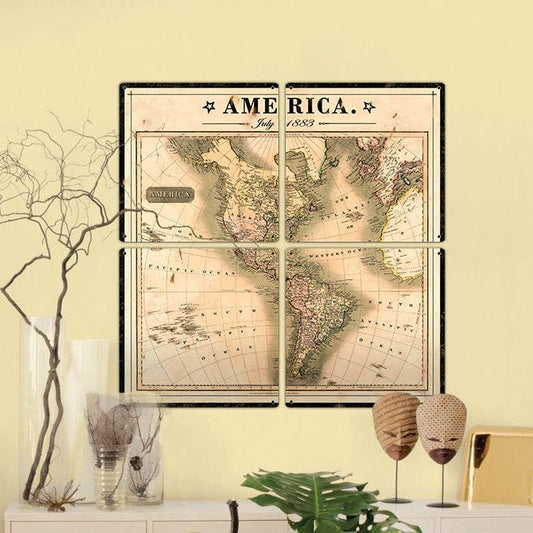 Vintage Antique America Map, July 1883, 4 Piece METAL Sign, Wall Decor, Wall Art, North America, South America