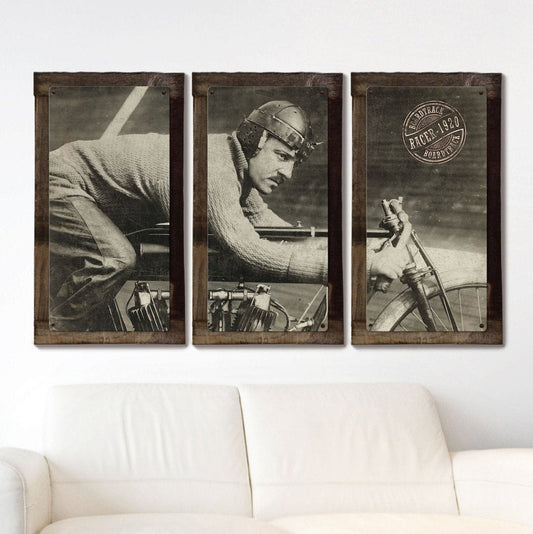 Board Track Racer, Vintage Motorcycle, METAL, Triptych, 3 Panel, On American Steel, Optional Barn Wood Frame, Wall Decor, Wall Art, 54"x36"