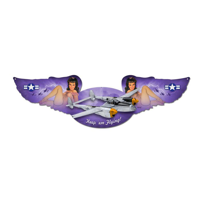 P-38 Lightning, Pinup Girls, Winged Oval Metal Sign, 10 X 35 Inches