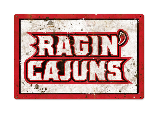 Ragin Cajuns Wall Art, NCAA Rustic Metal Sign, Optional Rustic Wood Frame, College Teams, Mascots, and Sports