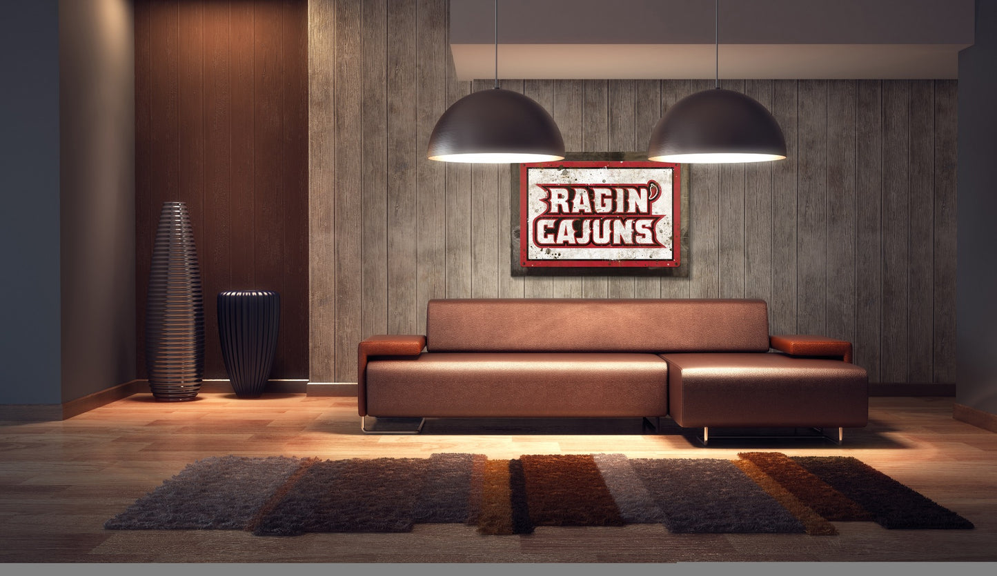 Ragin Cajuns Wall Art, NCAA Rustic Metal Sign, Optional Rustic Wood Frame, College Teams, Mascots, and Sports