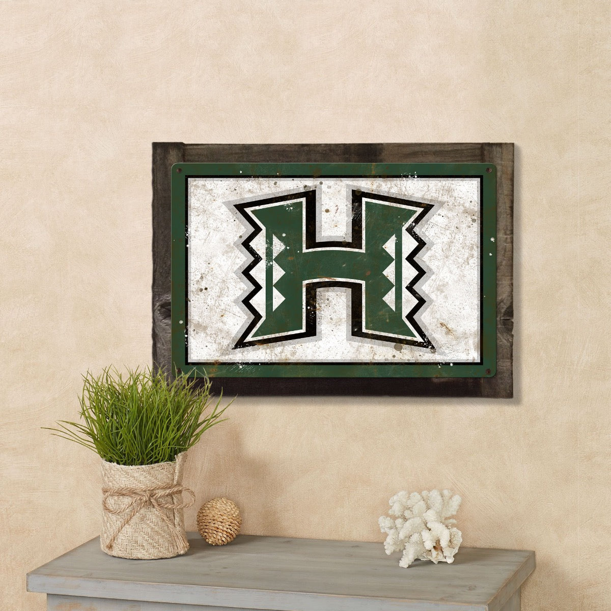 Hawaii Warriors Wall Art, NCAA Rustic Metal Sign, Optional Rustic Wood Frame, College Teams, Mascots, and Sports