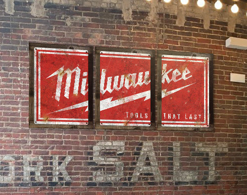 Milwaukee Tools Wall Art, Triptych METAL Sign, Optional Reclaimed Barn Wood Frame