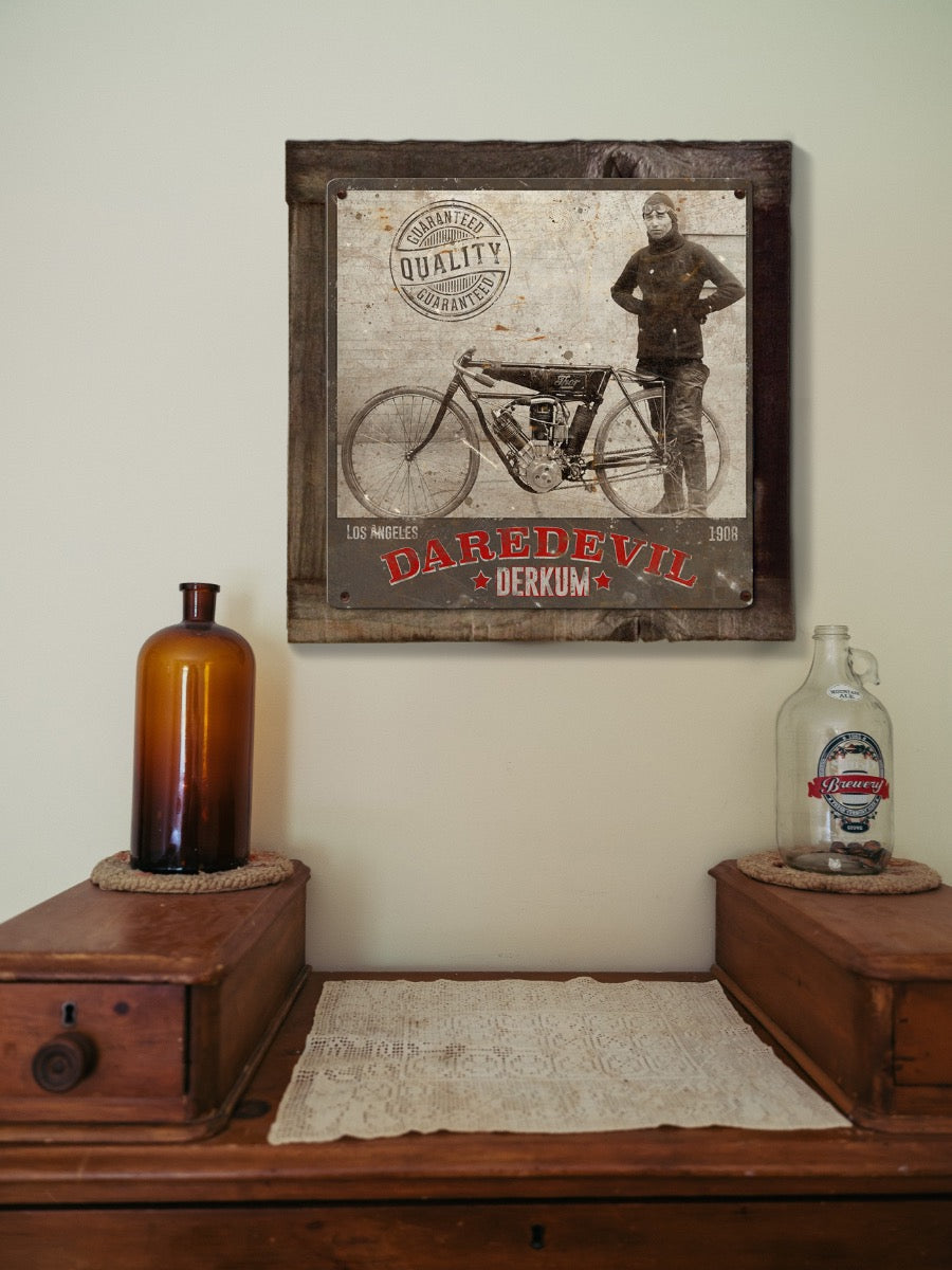 Daredevil Derkum, Motorcycles Wall Art, Metal Sign, Optional Wood Frame