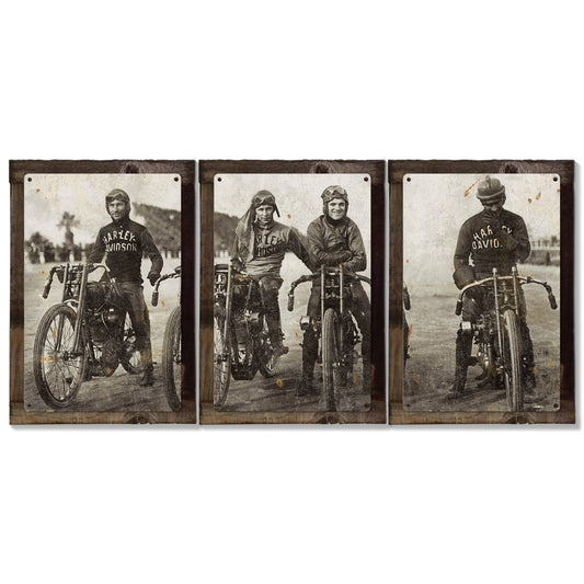 Harley Davidson Wall Art, Wrecking Crew, Vintage Photo, Triptych METAL Sign, Optional Reclaimed Barn Wood Frame
