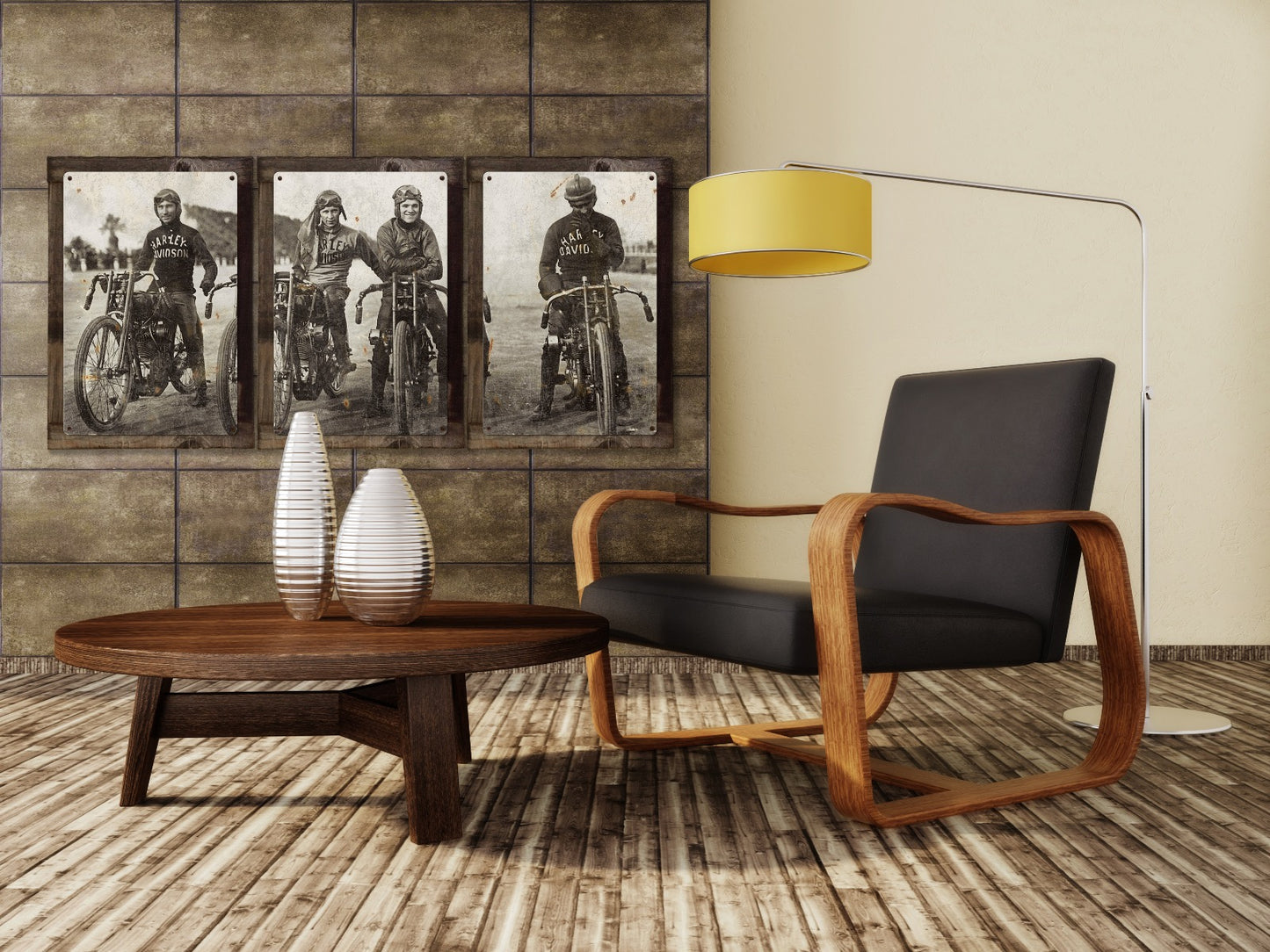 Harley Davidson Wall Art, Wrecking Crew, Vintage Photo, Triptych METAL Sign, Optional Reclaimed Barn Wood Frame