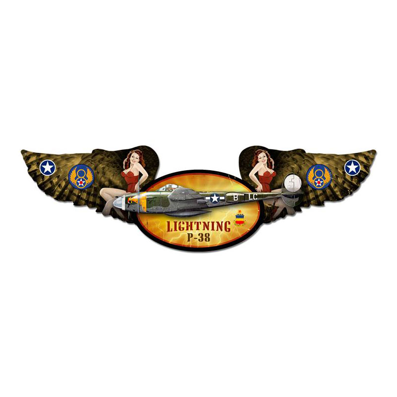Lightning, Aviation, Winged Oval Metal Sign, 10 X 35 Inches