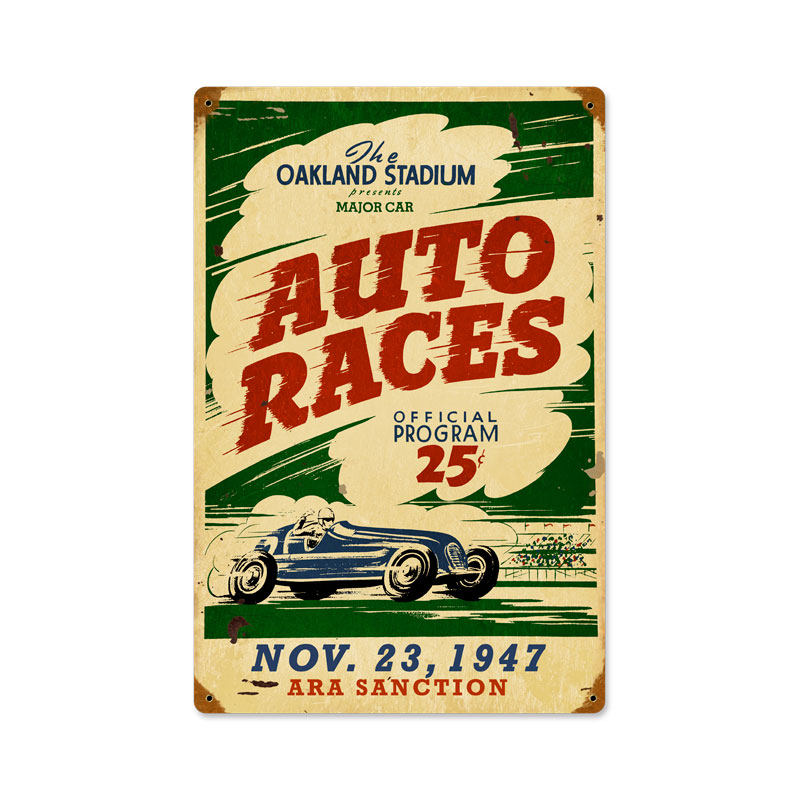 Oakland Auto Races, Automotive, Vintage Metal Sign, 12 X 18 Inches
