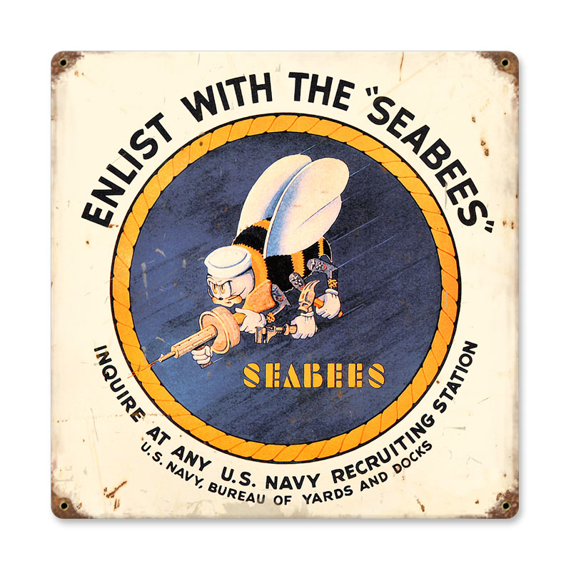 Seabees, Allied Military, Vintage Metal Sign, 12 X 12 Inches