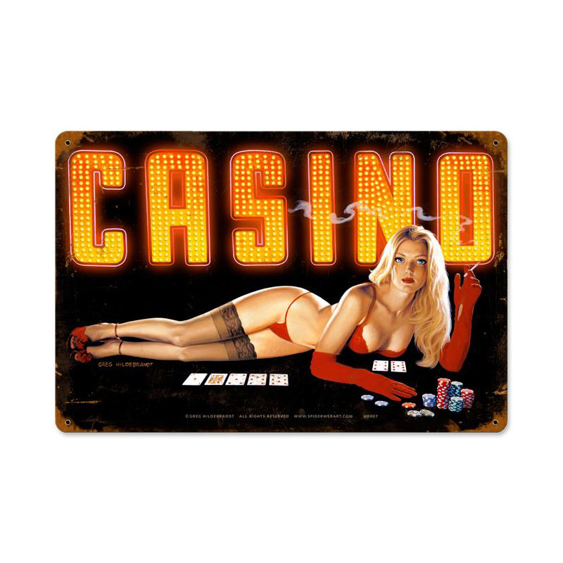 Red Light Casino, Pinup Girls, Vintage Metal Sign, 18 X 12 Inches