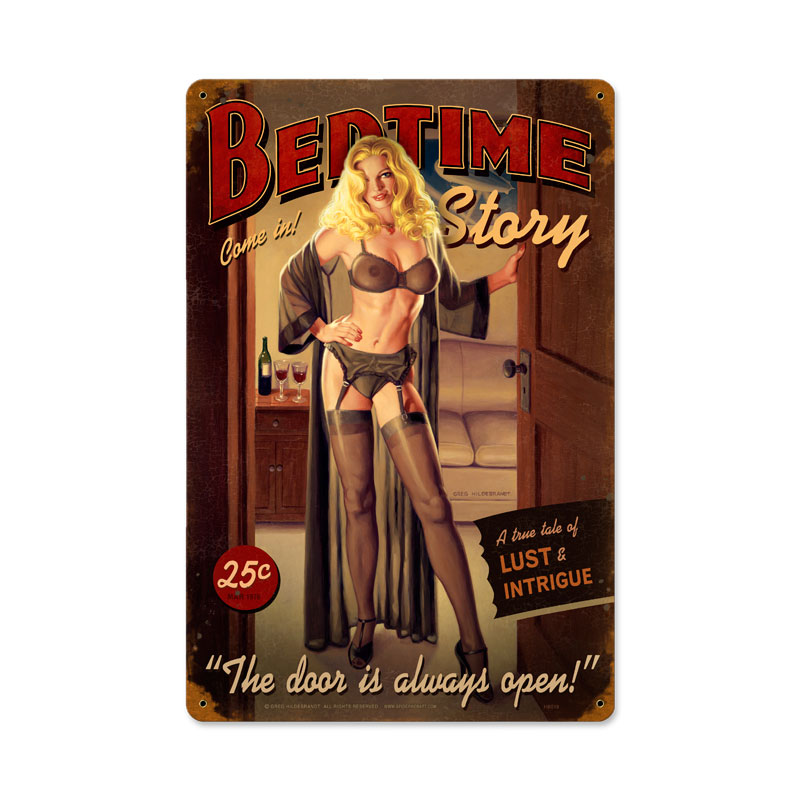 Bedtime Story, Pinup Girls, Vintage Metal Sign, 12 X 18 Inches