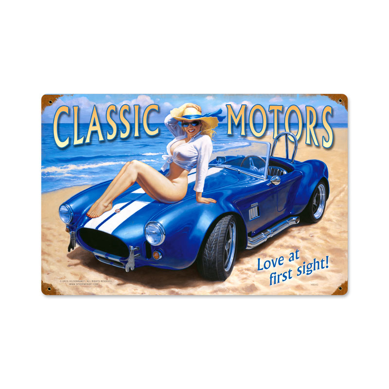Classic Motors, Pinup Girls, Vintage Metal Sign, 18 X 12 Inches