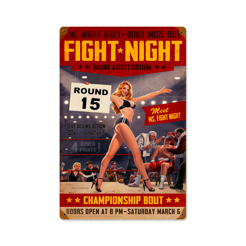 Fight Night, Pinup Girls, Vintage Metal Sign, 12 X 18 Inches