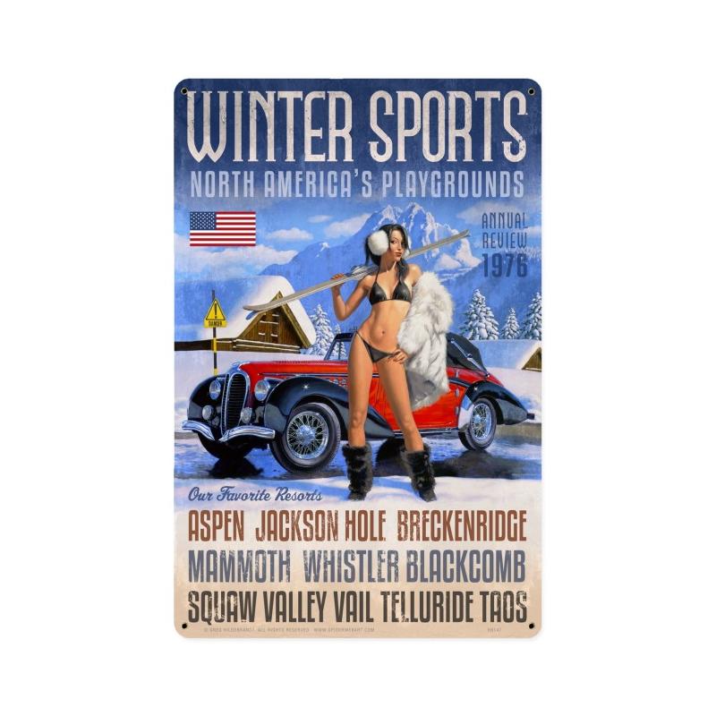 Winter Sports Sign, Pinup Girls, Metal Sign, 12 X 18 Inches