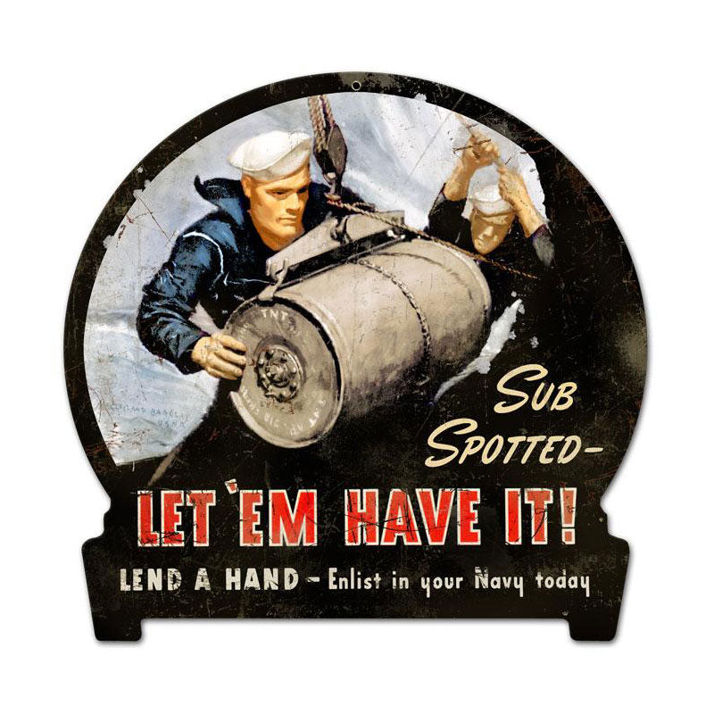 Sub Spotted, Allied Military, Round Banner Metal Sign, 15 X 16 Inches