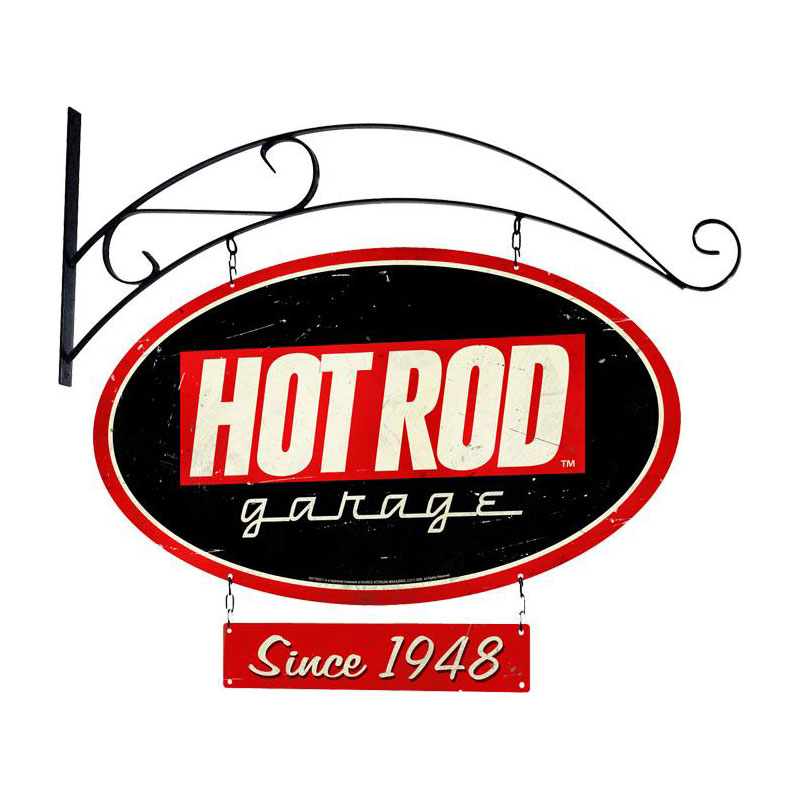 Hot Rod Garage, Automotive, Double Sided Oval Metal Sign with Wall Mount, 24 X 14 Inches