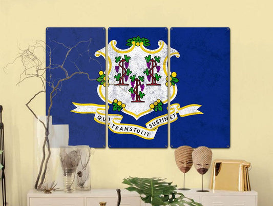 Connecticut State Flag, Full of Surprises, Triptych Metal Sign, Wall Decor, Wall Art, Vintage, 54"x36"