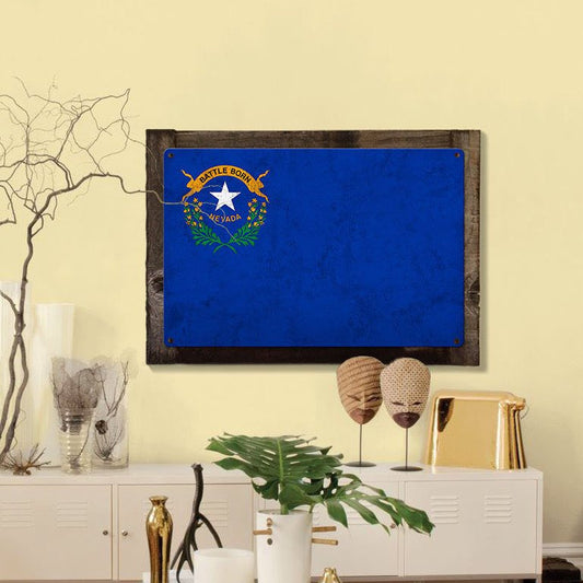 Nevada State Flag, Battle Born, Metal Sign, Optional Rustic Wood Frame, Wall Decor, Wall Art, Vintage, Americana