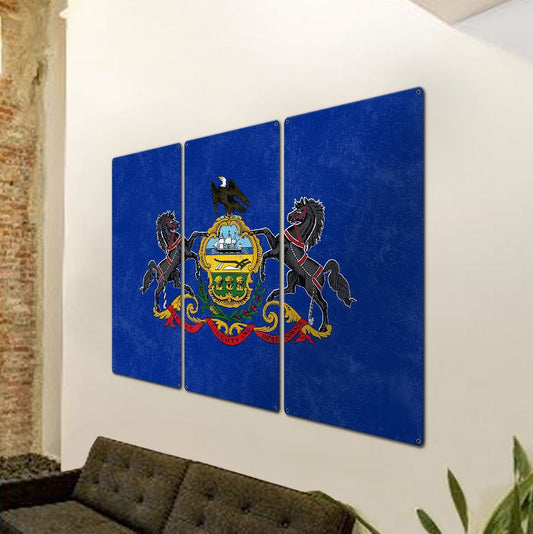 Pennsylvania State Flag, Virtue Liberty Independence, Triptych Metal Sign, Wall Decor, Wall Art, Vintage, 54"x36"