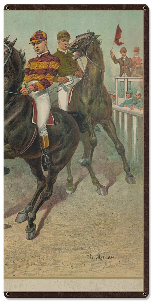 Eager For The Race, Seven Jockeys Currier & Ives 1893, Horse Races, Triptych Metal Sign, Americana, Wall Decor, Wall Art 54"x36"