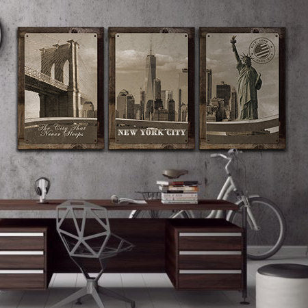 New York City, Skyline, Landmarks Brooklyn Bridge, Statue of Liberty , METAL Triptych, Optional Rustic Wood Frame, Wall Art