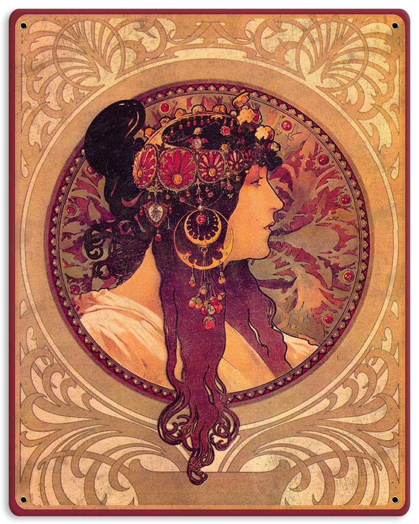 Mucha , Donna-Orechini, Metal Sign, Wall Decor, Nouveau Art, 12"x15"