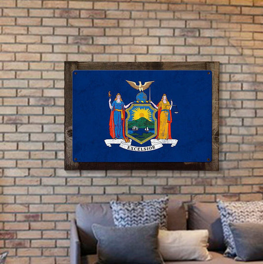 New York State Flag, Empire State, Metal Sign, Optional Rustic Wood Frame, Wall Decor, Wall Art, Vintage, FREE SHIPPING!