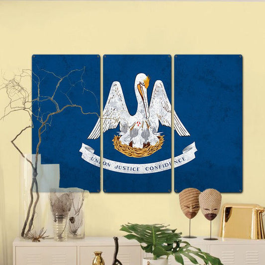 Louisiana State Flag, Union Justice Confidence, Triptych Metal Sign, Wall Decor, Wall Art, Vintage, 54"x36"
