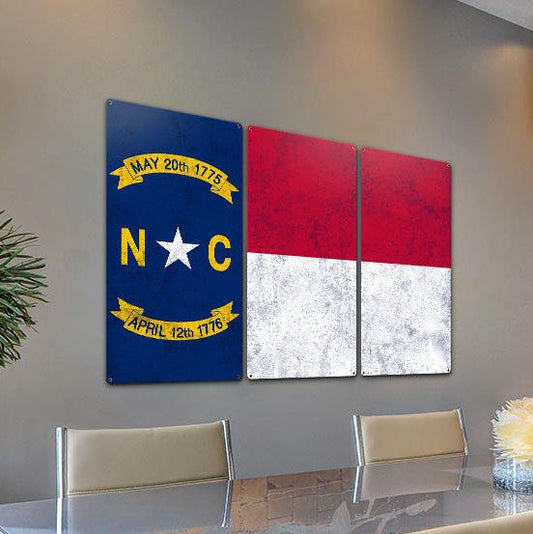 North Carolina State Flag, First in Flight, Triptych Metal Sign, Wall Decor, Wall Art, Vintage, 54"x36"