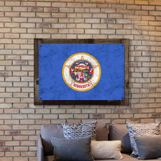 Minnesota State Flag, Explore Minnesota, Metal Sign, Optional Rustic Wood Frame, Wall Decor, Wall Art, Vintage