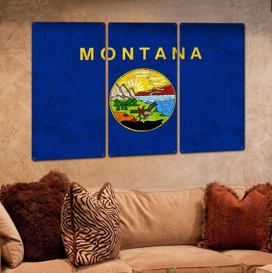 Montana State Flag, The Treasure State, Triptych Metal Sign, Wall Decor, Wall Art, Vintage, 54"x36"