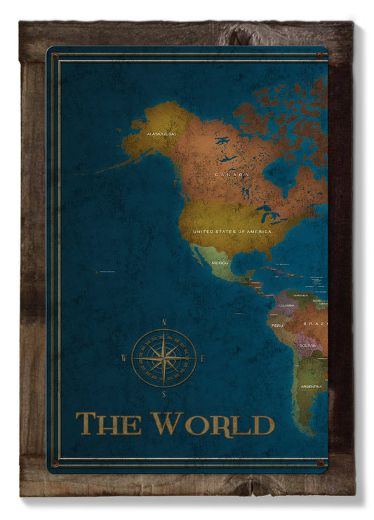Vintage World Map, Accurate, Triptych METAL Sign, Travel, Wall Decor, Globe Wall Art , Optional Reclaimed Barn Wood Frame
