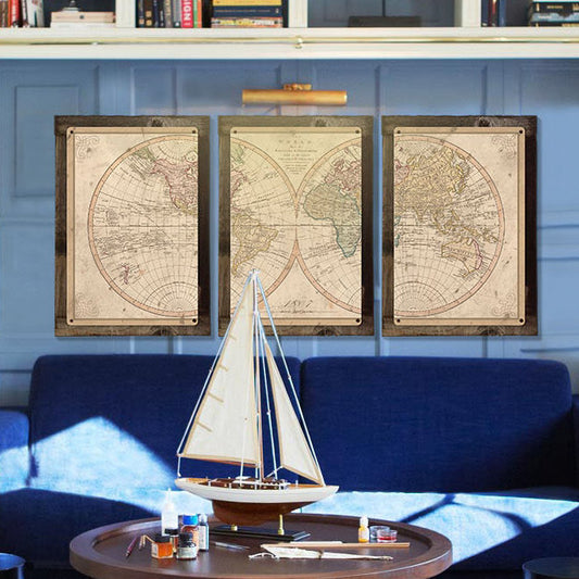 Vintage World Map, 1807, Triptych METAL Sign, Americana, Wall Decor, Globe Wall Art , Optional Reclaimed Barn-wood Frame