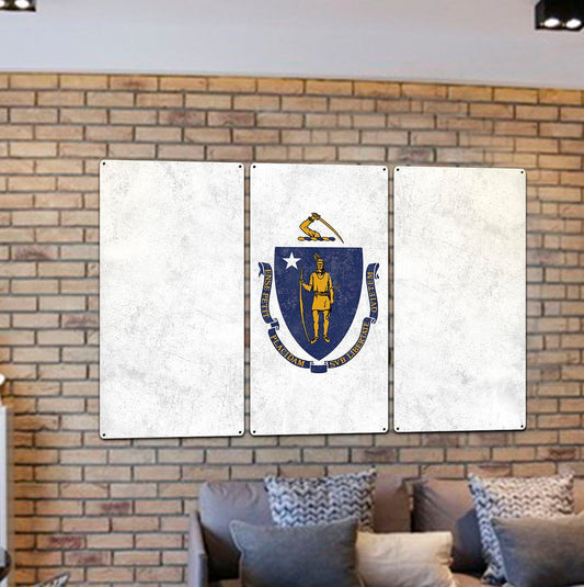Massachusetts State Flag, The Spirit of America, Triptych Metal Sign, Wall Decor, Wall Art, Vintage, 54"x36"