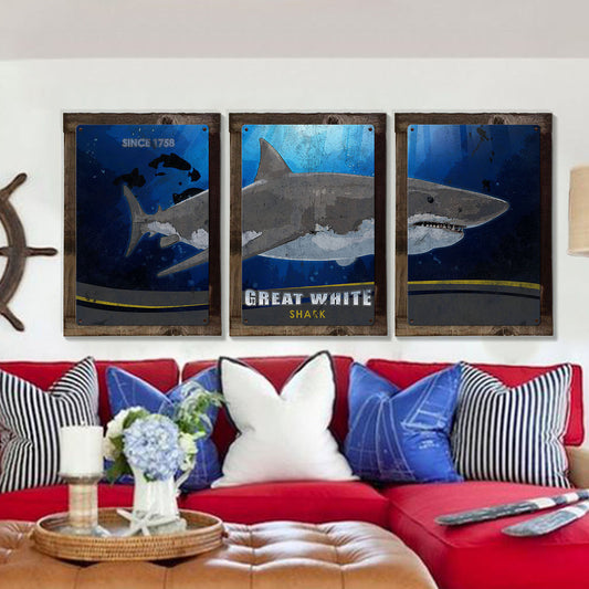 Great White Shark, METAL Triptych, Optional Rustic Wood Frame, Sharks, Wall Art, Ocean, Nautical