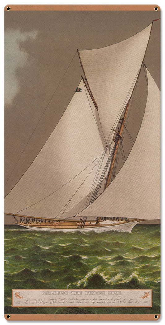 Nearing The Finish Line, The America's Cup, Volunteer, Currier & Ives 1887, Triptych Metal Sign, Americana, Wall Decor, Wall Art 54"x36"