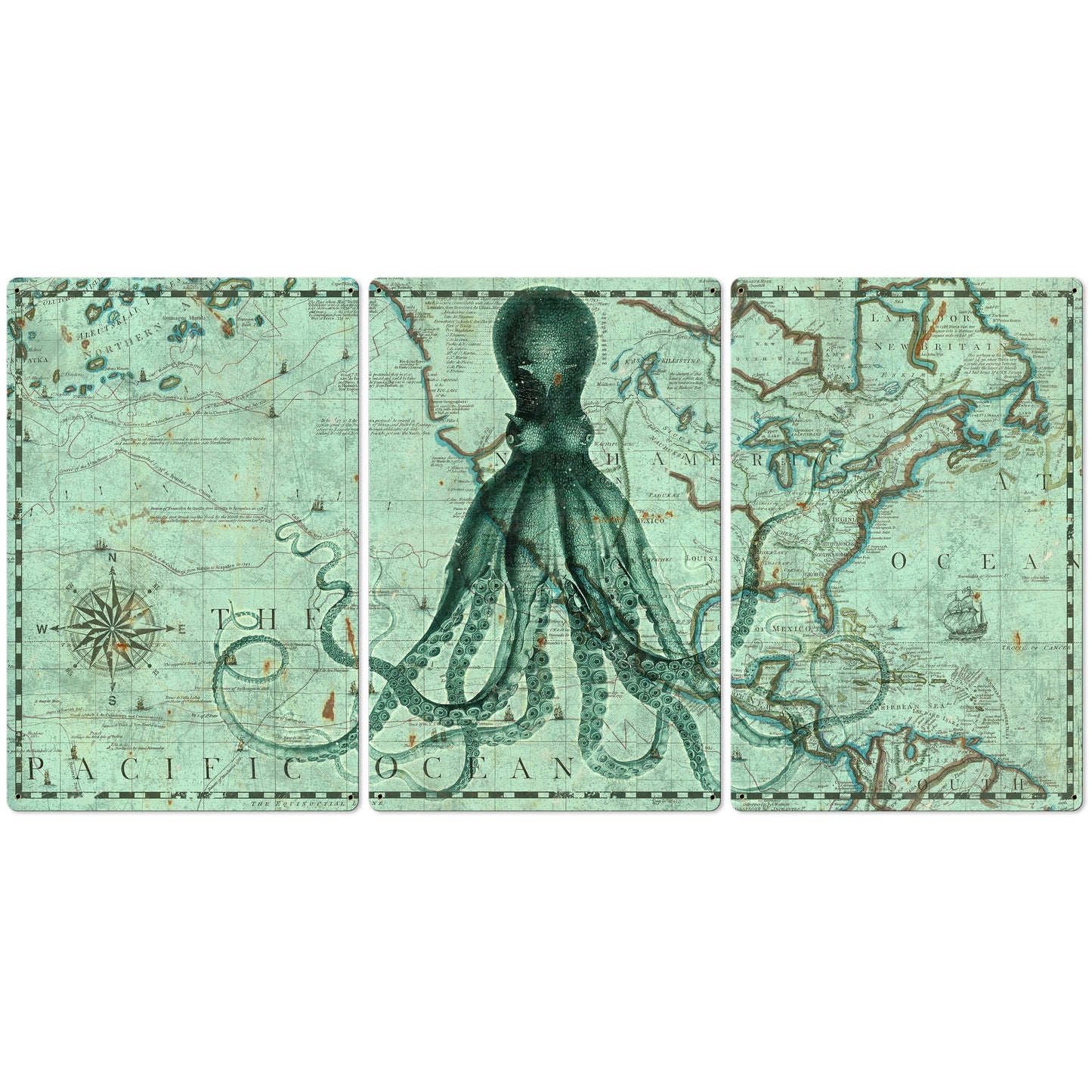 Octopus, Vintage Ship Route Map, Lord Bodner, Nautical, Ocean Life, Metal Triptych, Optional Rustic Wood Frame, Wall Art