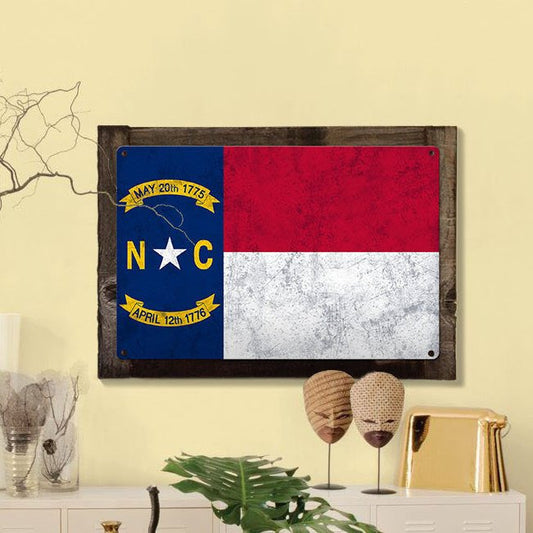 North Carolina State Flag, First in Flight, Metal Sign, Optional Rustic Wood Frame, Wall Decor, Wall Art, Vintage, FREE SHIPPING!