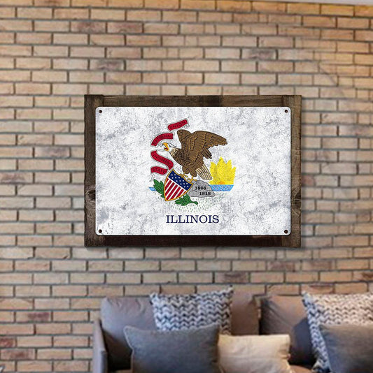 Illinois State Flag, Land of Lincoln, Metal Sign, Optional Rustic Wood Frame, Wall Decor, Wall Art, Vintage, FREE SHIPPING!