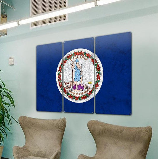 Virginia State Flag, Virginia is for Lovers, Triptych Metal Sign, Wall Decor, Wall Art, Vintage, 54"x36"